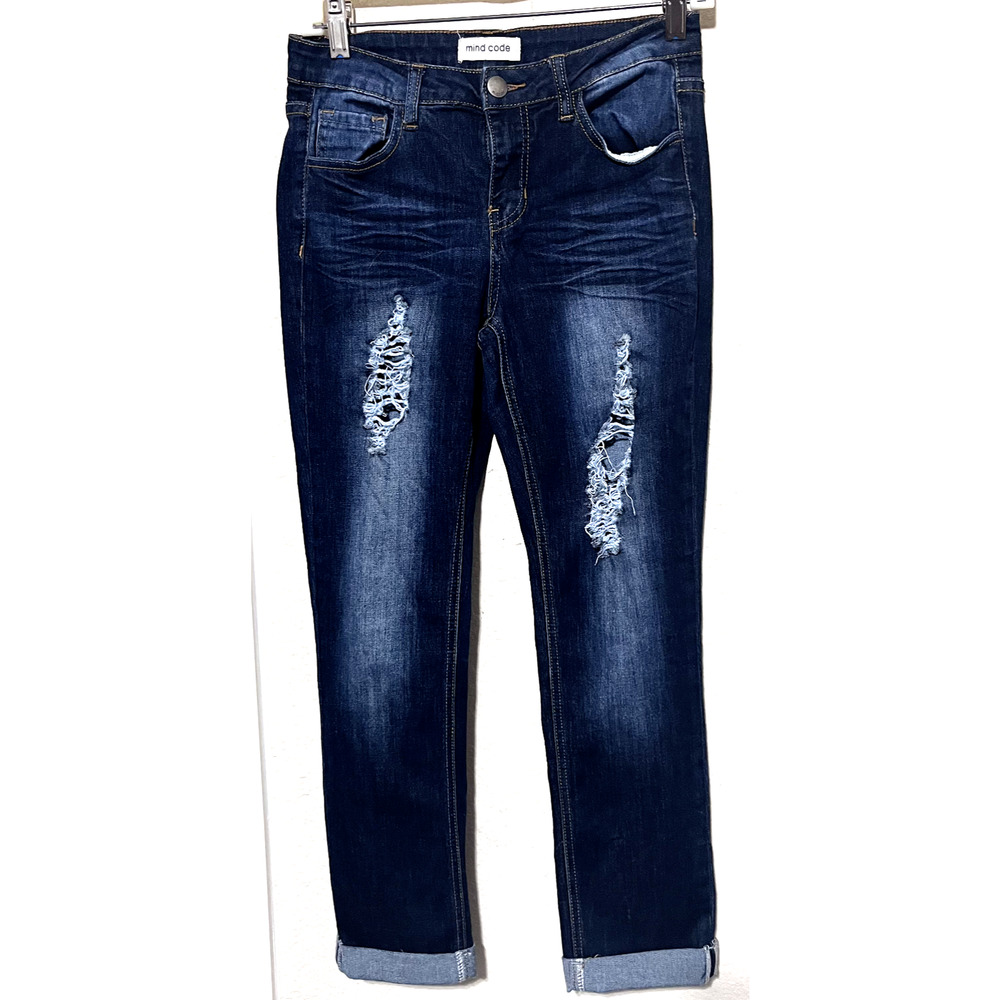 Y2K Mind Code Jeans Juniors 5 Skinny Low Rise Dark Wash Distressed cuffed ankle